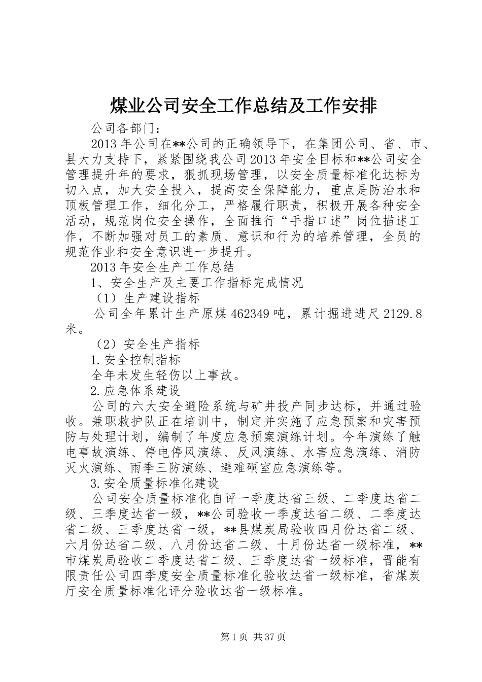 煤业公司安全工作总结及工作安排_第1页