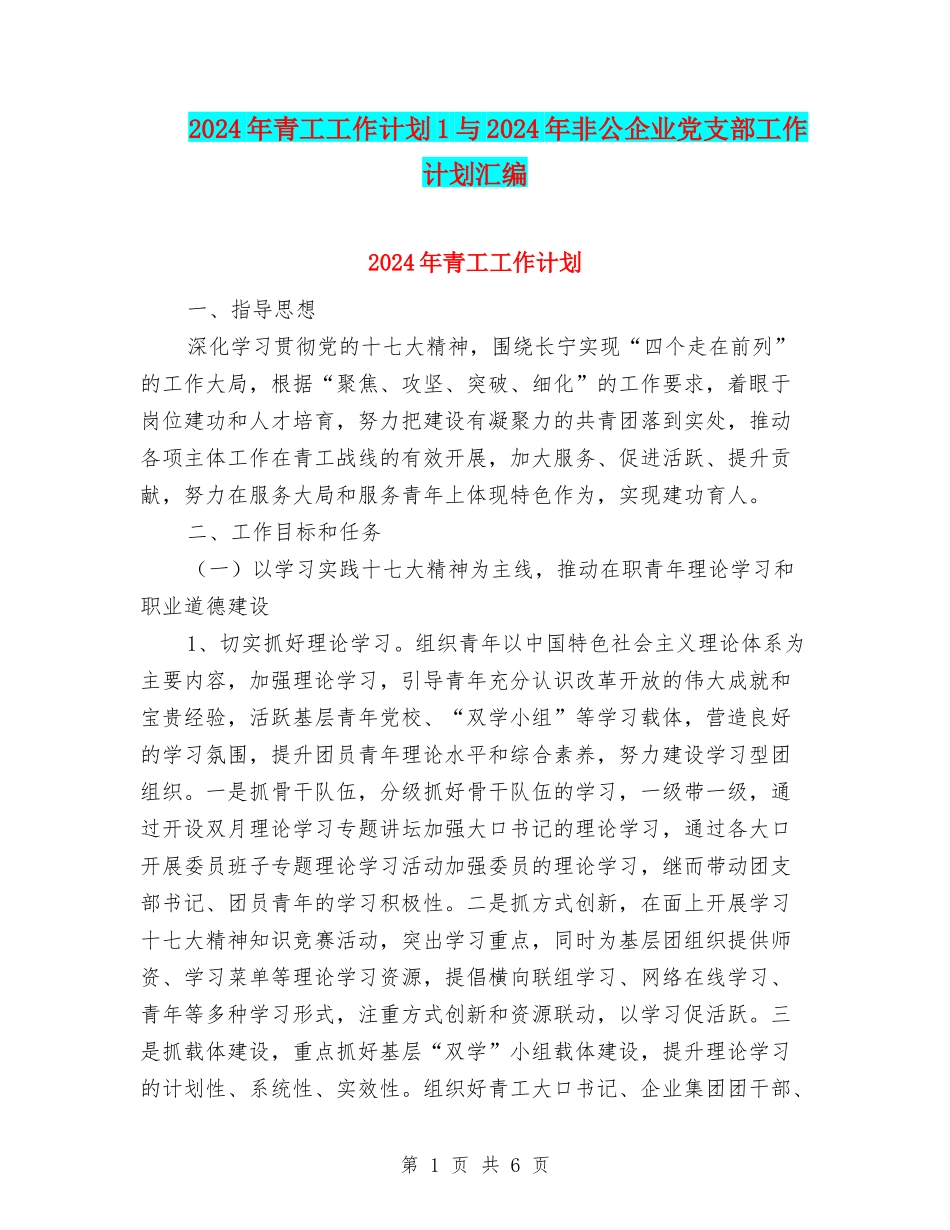 2024年青工工作计划1与2024年非公企业党支部工作计划汇编_第1页