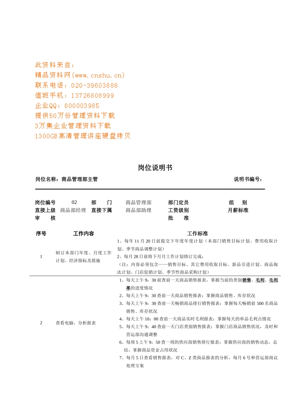 连锁企业商品管理部主管岗位职务说明_第1页