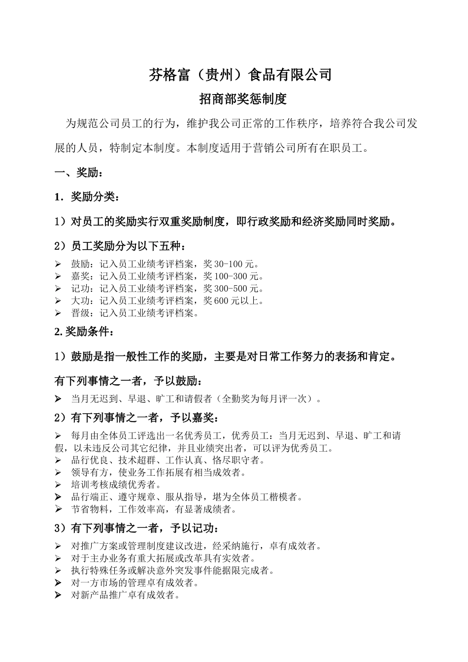 某食品有限公司招商部奖惩制度范本_第1页