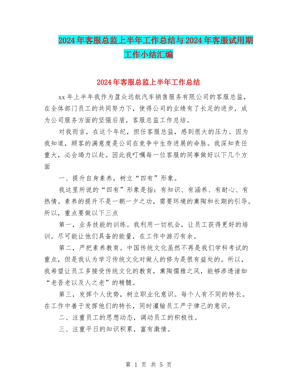 2024年客服总监上半年工作总结与2024年客服试用期工作小结汇编_第1页
