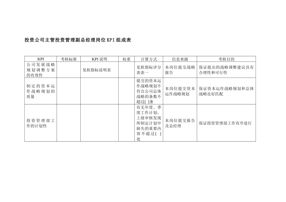投资公司主管投资管理副总经理岗位kpi组成表_第1页