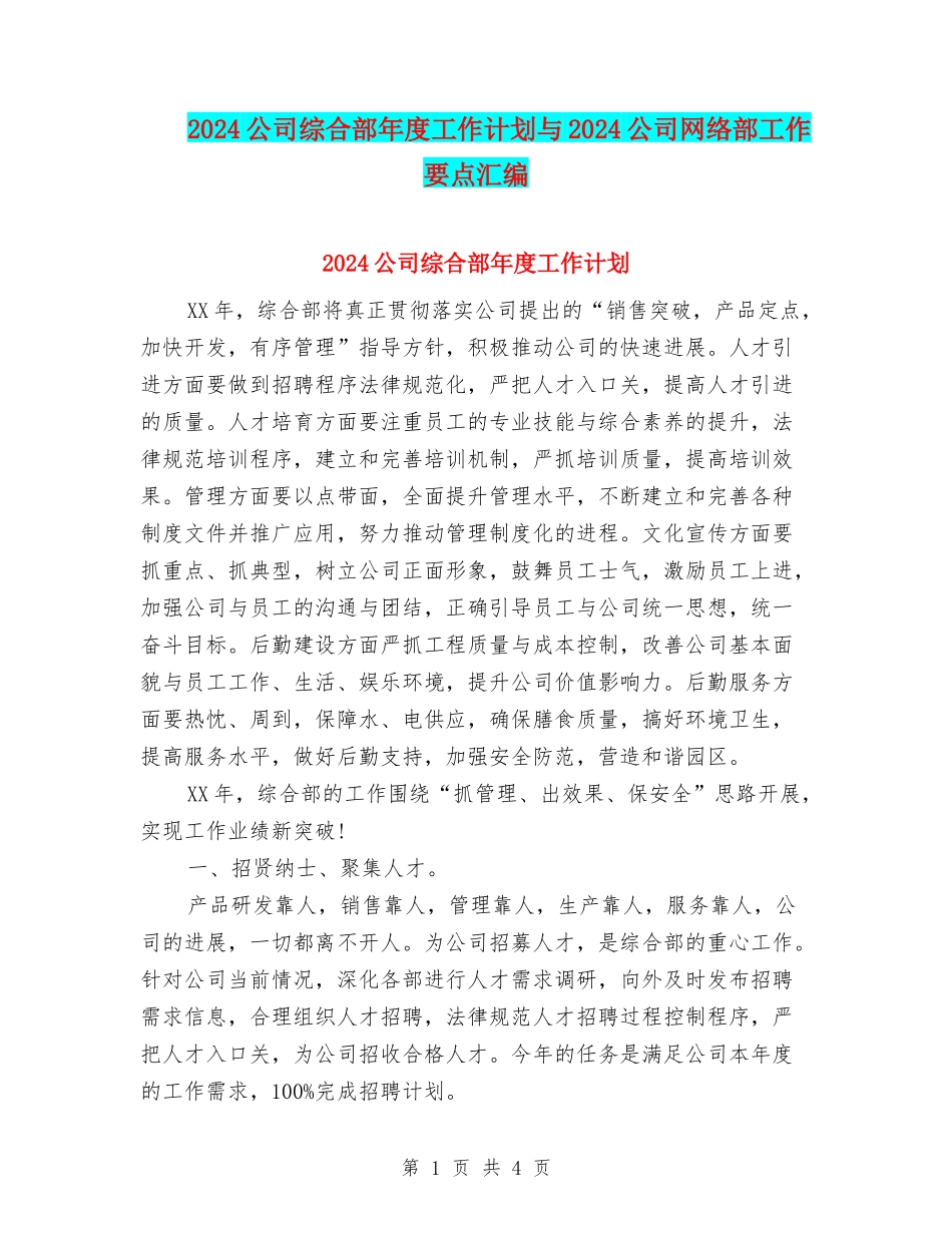2024公司综合部年度工作计划与2024公司网络部工作要点汇编_第1页