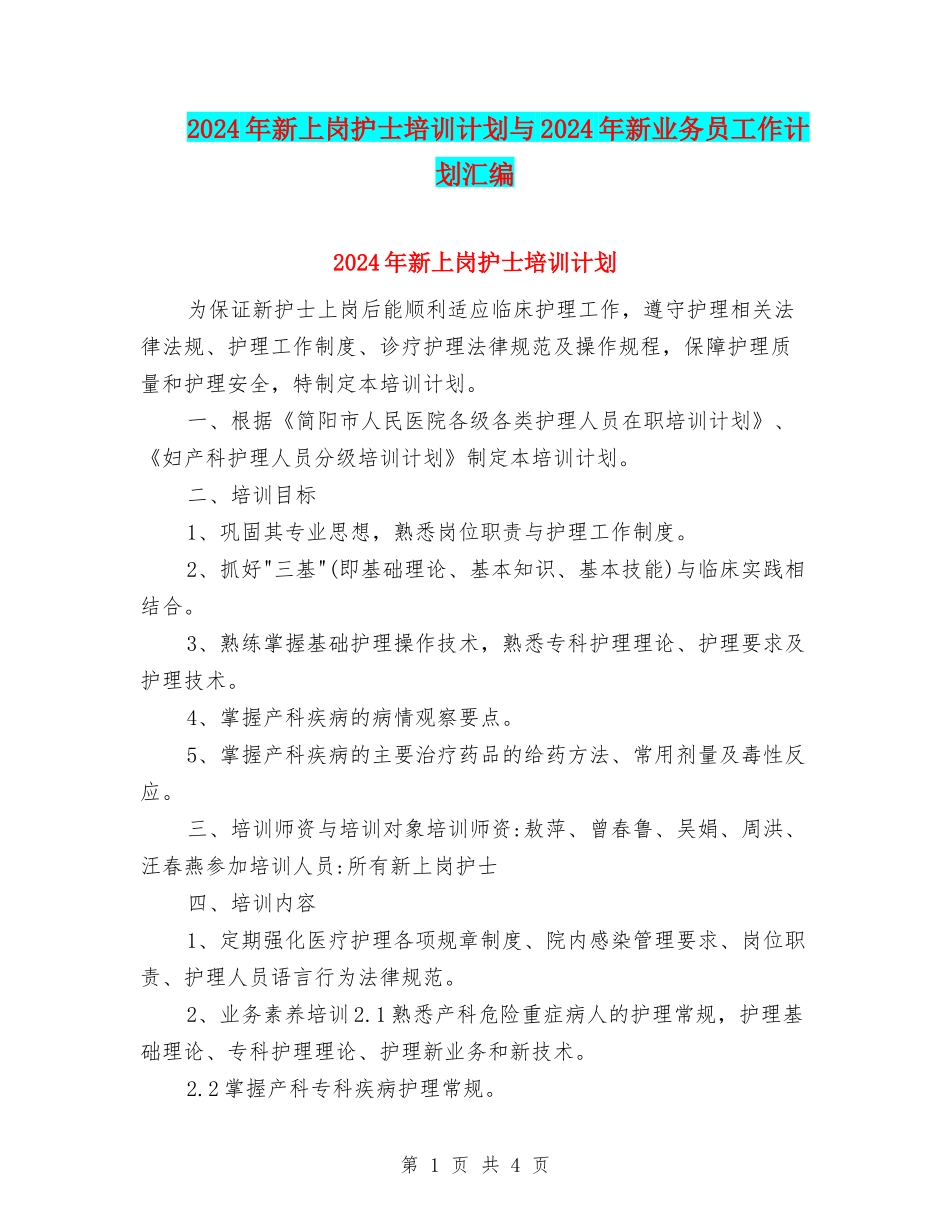 2024年新上岗护士培训计划与2024年新业务员工作计划汇编_第1页