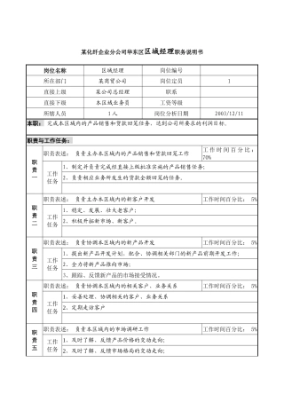 某化纤企业分公司华东区区域经理职务说明书