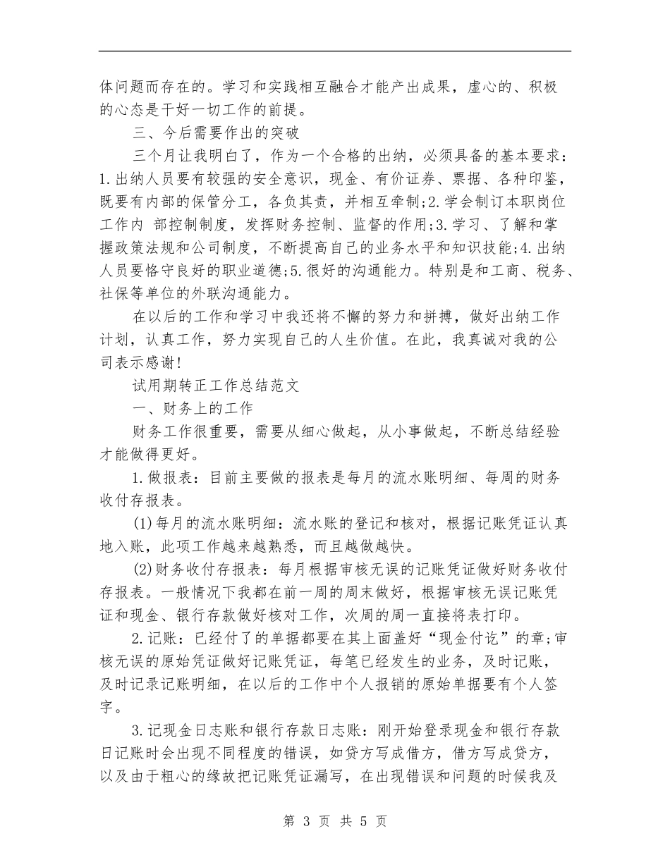 2024年3月财务出纳试用期转正工作总结范文_第3页