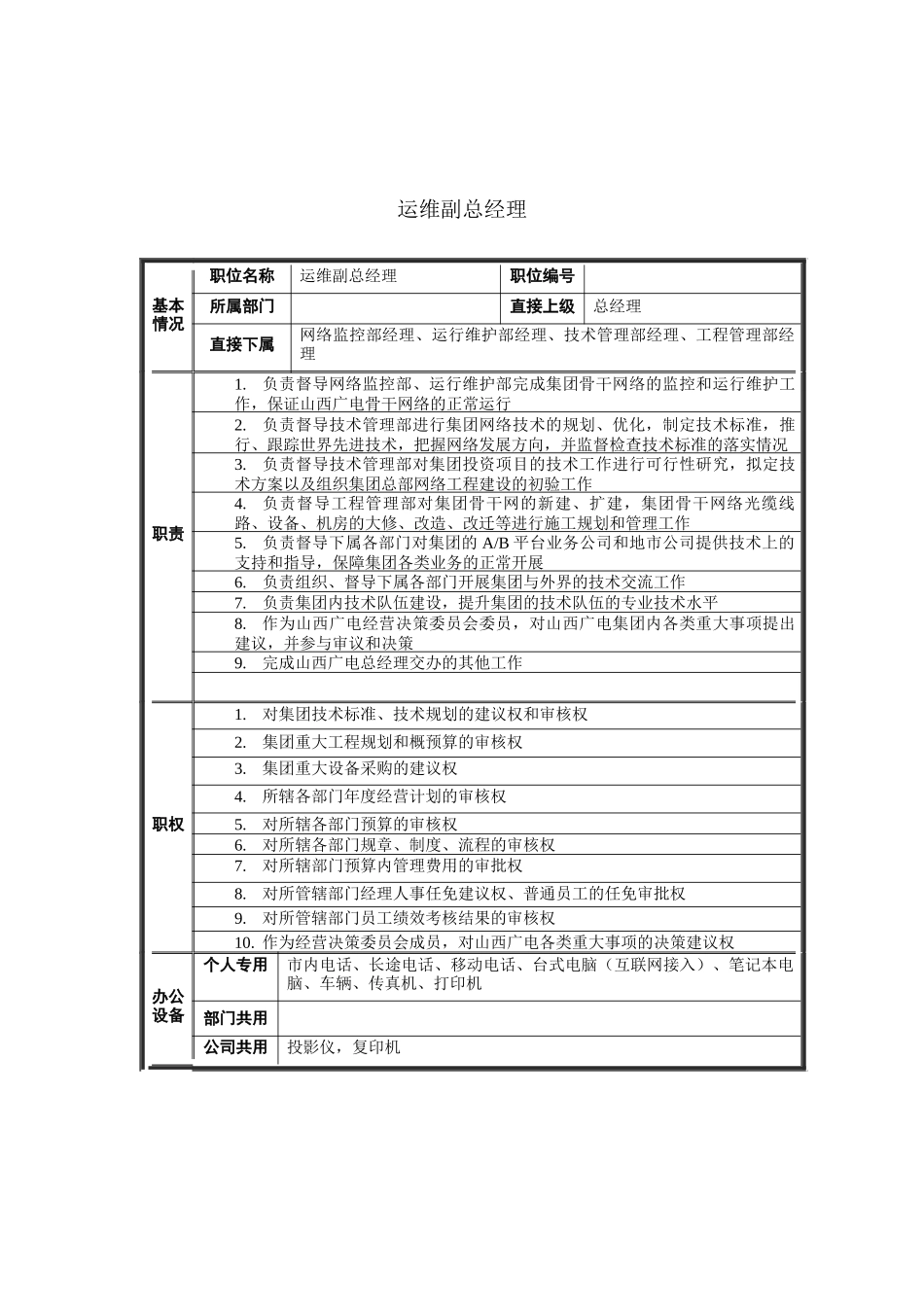 运维副总经理岗位说明书_第1页