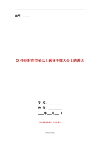 XX任职时在市处以上领导干部大会上的讲话