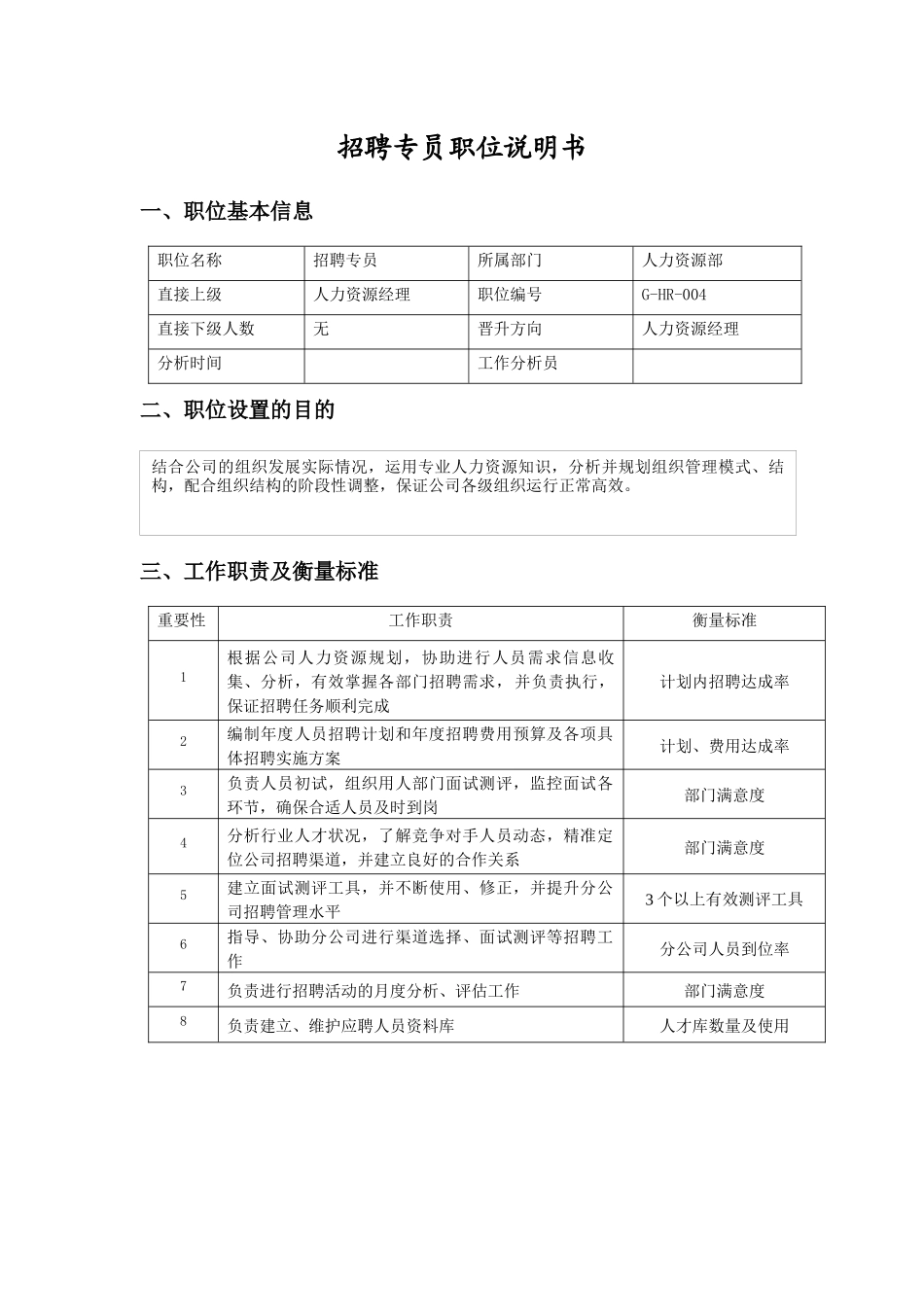 职位说明书（招聘专员）_第1页