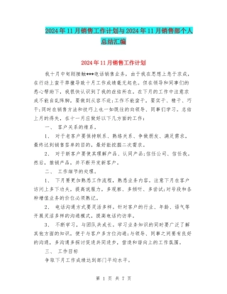 2024年11月销售工作计划与2024年11月销售部个人总结汇编