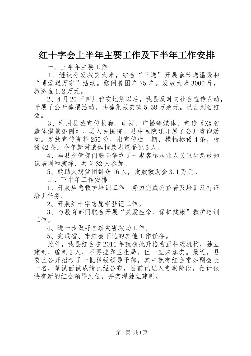 红十字会上半年主要工作及下半年工作安排_第1页
