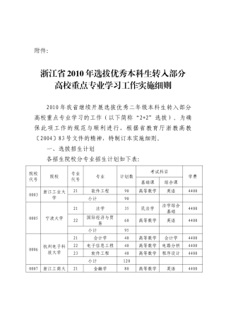 浙江省XXXX年选拔优秀本科生转入部分高校重点专业学习工作实