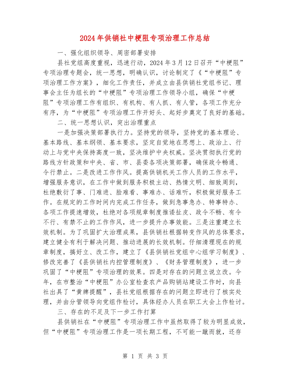 2024年供销社中梗阻专项治理工作总结_第1页