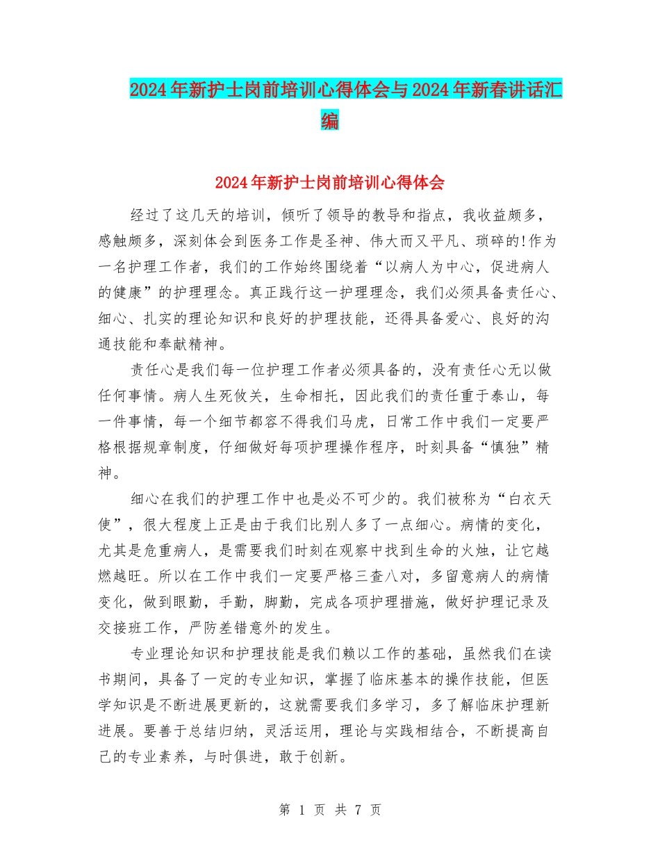 2024年新护士岗前培训心得体会与2024年新春讲话汇编_第1页