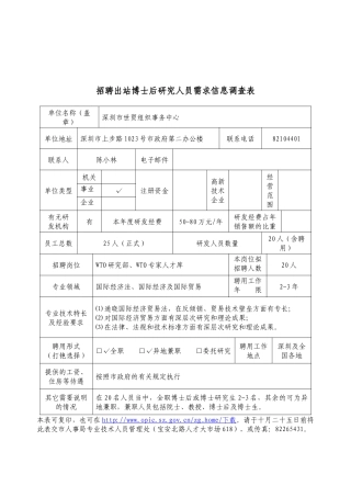 招聘出站博士后研究人员需求信息调查表
