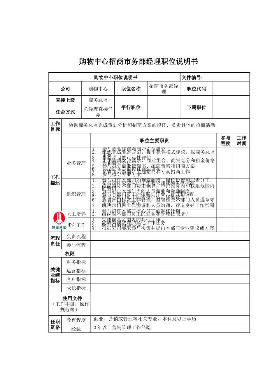 购物中心招商市务部经理岗位说明书_第1页