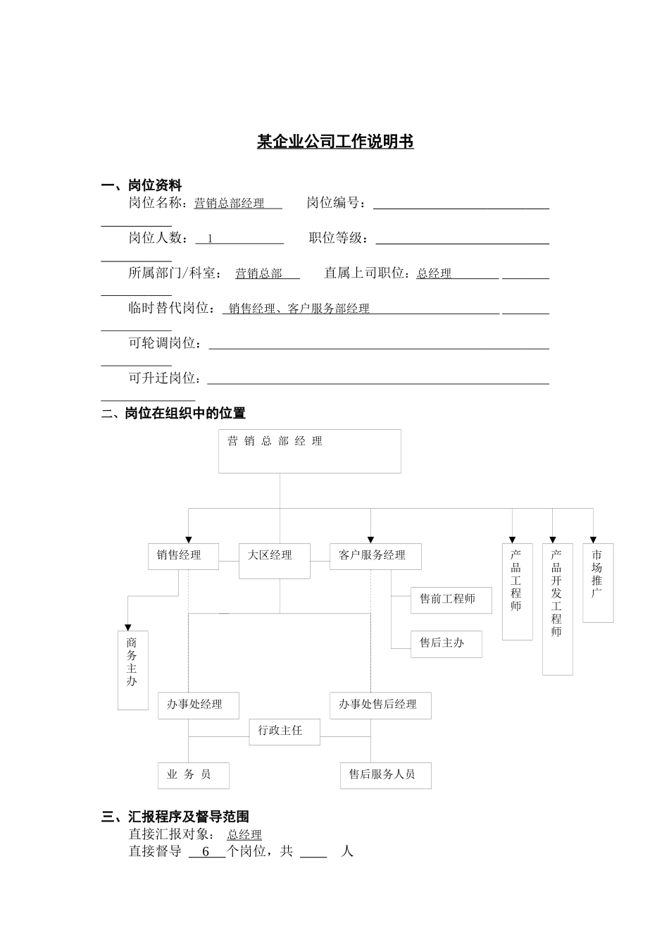 工作说明书－营销总部经理_第1页