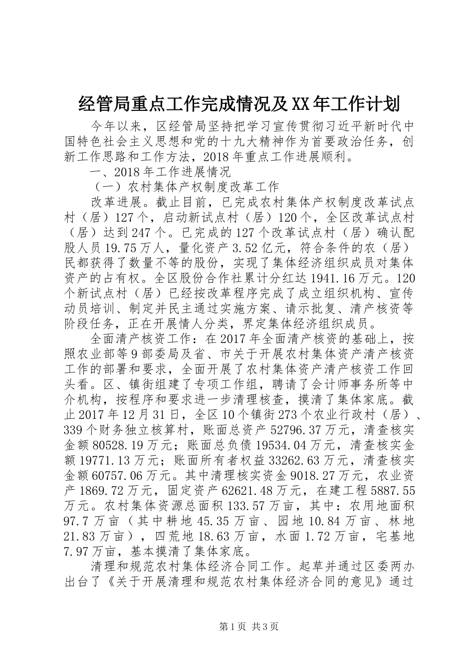 经管局重点工作完成情况及XX年工作计划_第1页