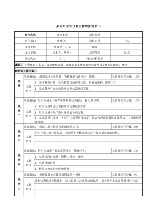 某化纤企业仪修主管职务说明书