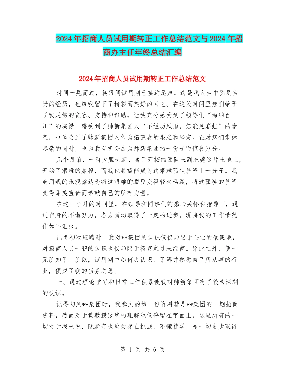 2024年招商人员试用期转正工作总结范文与2024年招商办主任年终总结汇编_第1页