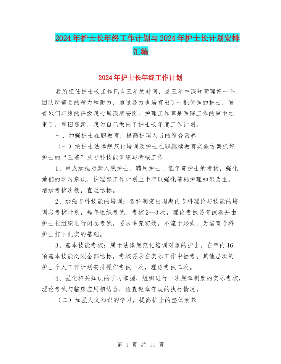 2024年护士长年终工作计划与2024年护士长计划安排汇编_第1页