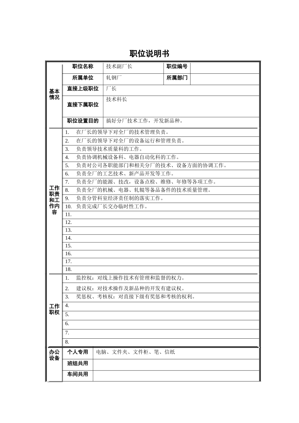 轧钢厂技术副厂长岗位职位说明书_第1页
