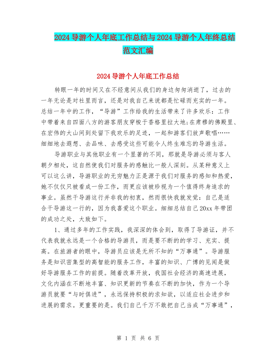 2024导游个人年底工作总结与2024导游个人年终总结范文汇编_第1页