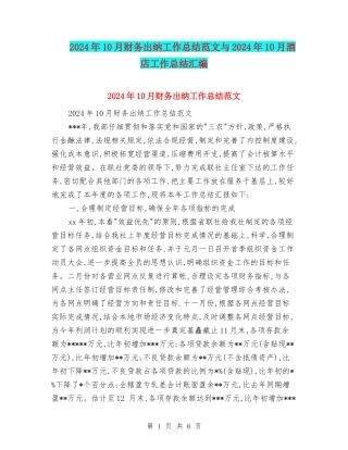 2024年10月财务出纳工作总结范文与2024年10月酒店工作总结汇编