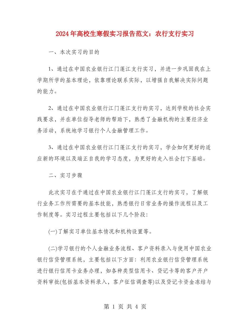 2024年大学生寒假实习报告范文：农行支行实习_第1页