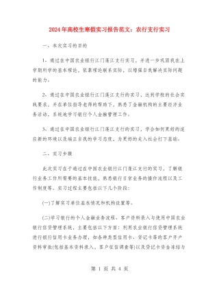 2024年大学生寒假实习报告范文：农行支行实习