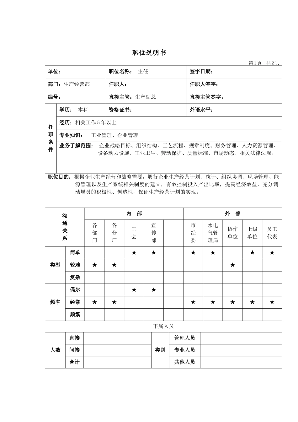生产经营主任岗位说明书_第1页