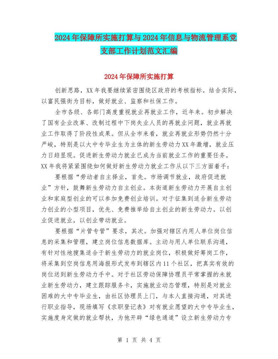 2024年保障所实施打算与2024年信息与物流管理系党支部工作计划范文汇编_第1页