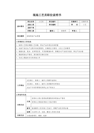现场工艺员职位说明书