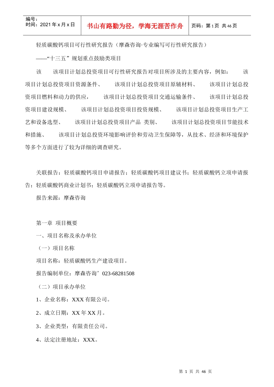 轻质碳酸钙项目可行性研究报告(摩森咨询·专业编写可行_第1页