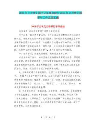 2024年公司党支部书记年终总结与2024年公司党支部半年工作总结汇编