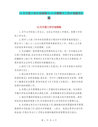 12月月度工作计划表格与12月销售月工作计划报告汇编