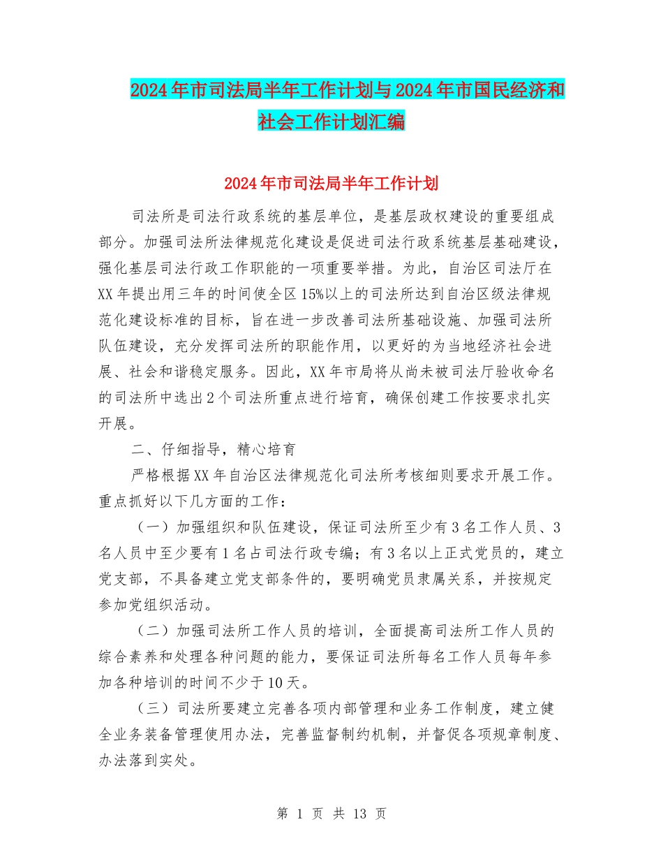 2024年市司法局半年工作计划与2024年市国民经济和社会工作计划汇编_第1页