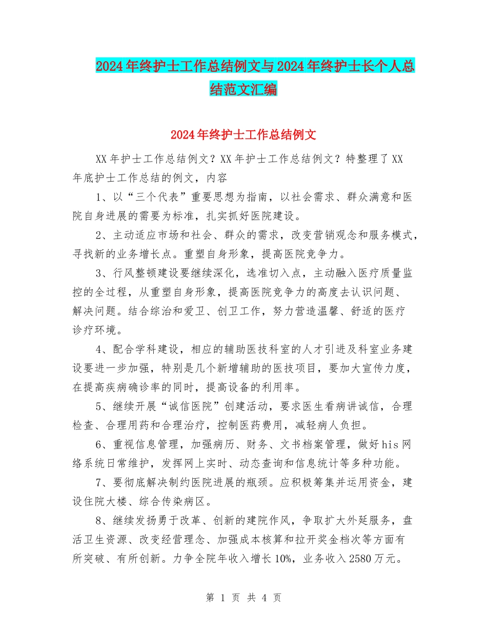 2024年终护士工作总结例文与2024年终护士长个人总结范文汇编_第1页