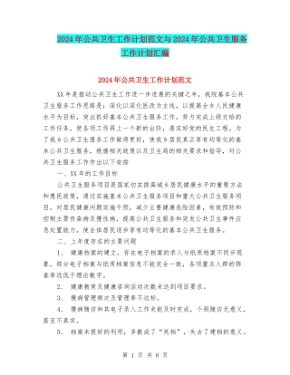 2024年公共卫生工作计划范文与2024年公共卫生服务工作计划汇编