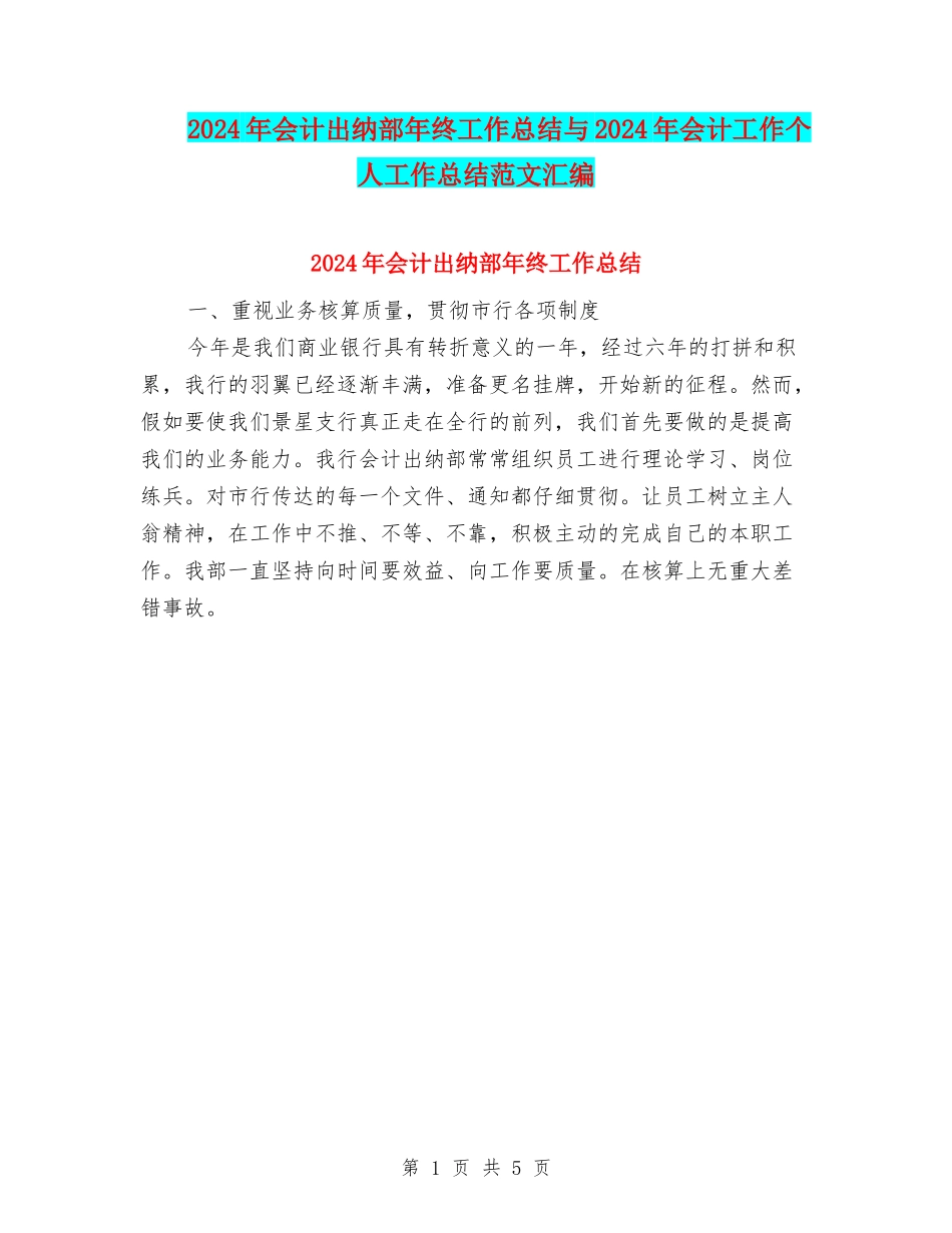 2024年会计出纳部年终工作总结与2024年会计工作个人工作总结范文汇编_第1页