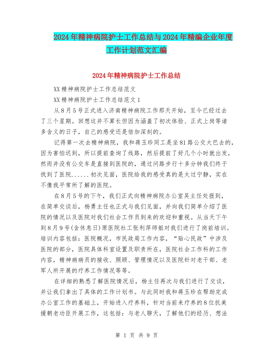 2024年精神病院护士工作总结与2024年精编企业年度工作计划范文汇编_第1页
