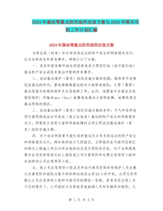 2024年基站等重点防汛场所应急方案与2024年塔吊司机工作计划汇编