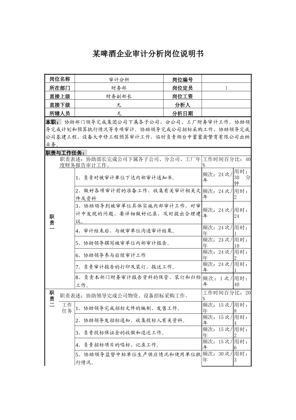 某啤酒企业审计分析岗位说明书_第1页