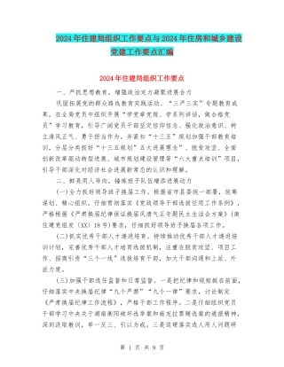 2024年住建局组织工作要点与2024年住房和城乡建设党建工作要点汇编