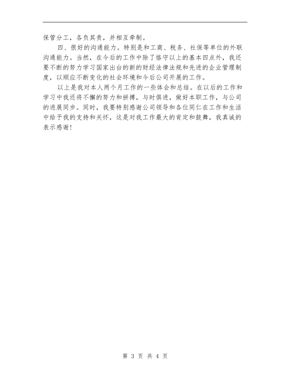 财务出纳试用期转正申请工作总结_第3页