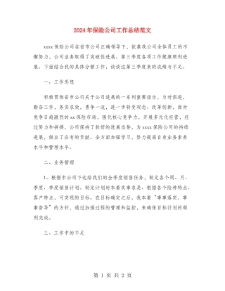 2024年保险公司工作总结范文