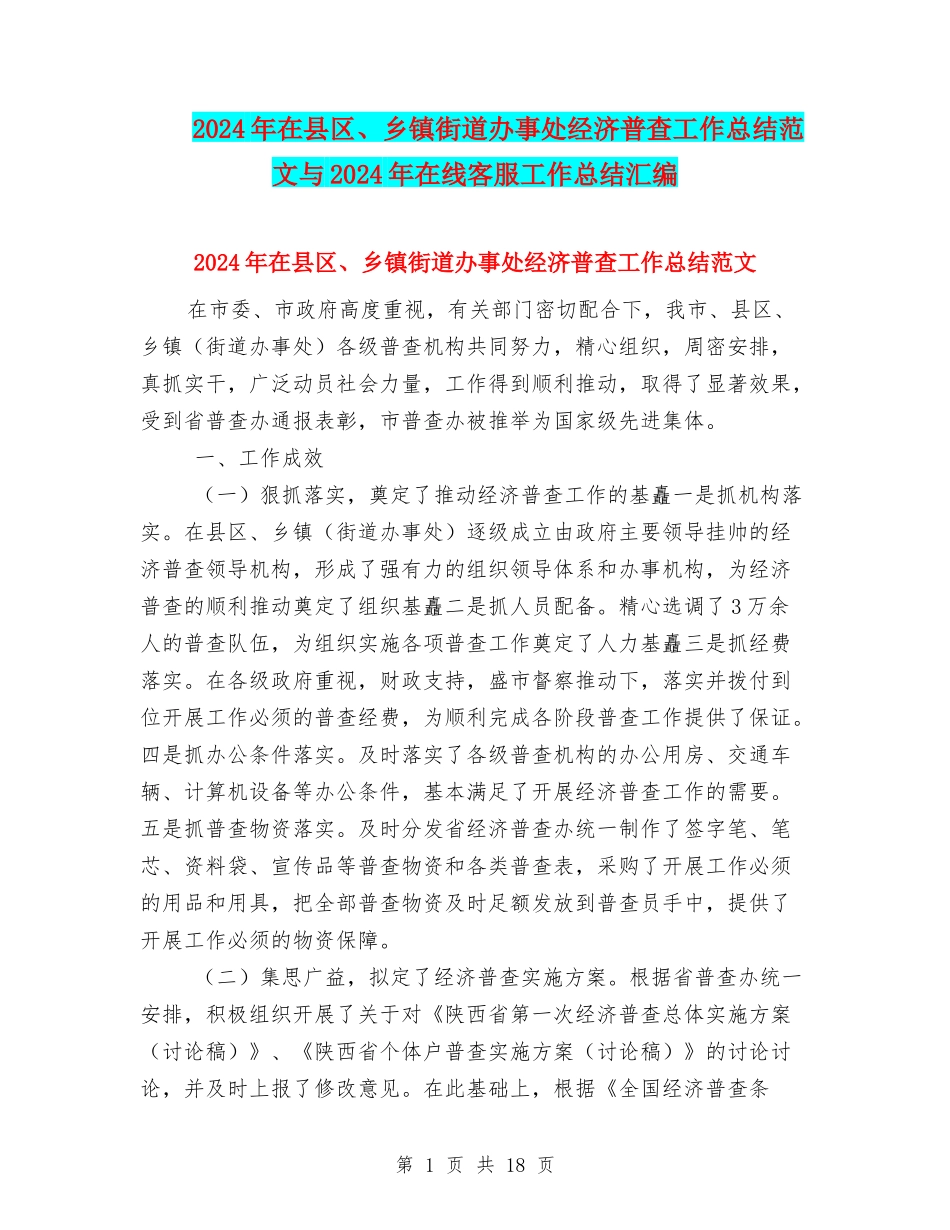 2024年在县区、乡镇街道办事处经济普查工作总结范文与2024年在线客服工作总结汇编_第1页