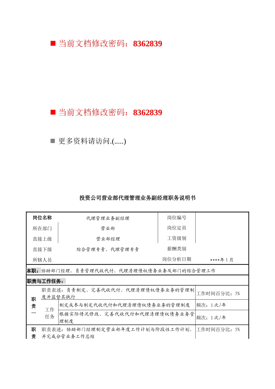 代理管理业务副经理岗位说明书_第1页