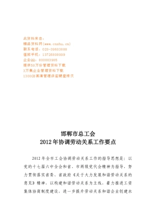某某年协调劳动关系工作要点