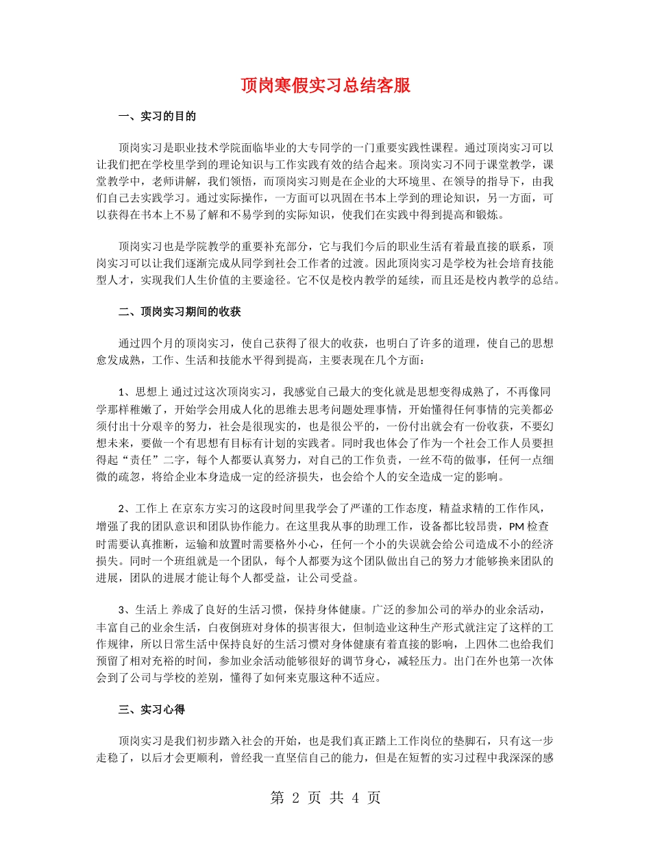 顶岗寒假实习总结客服_第2页